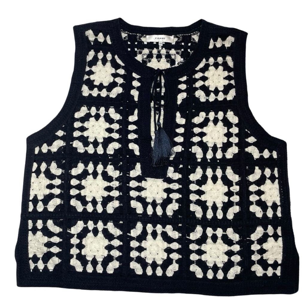 Frame Crochet Tassel Top Blue Cream Granny Square Sleeveless Size L